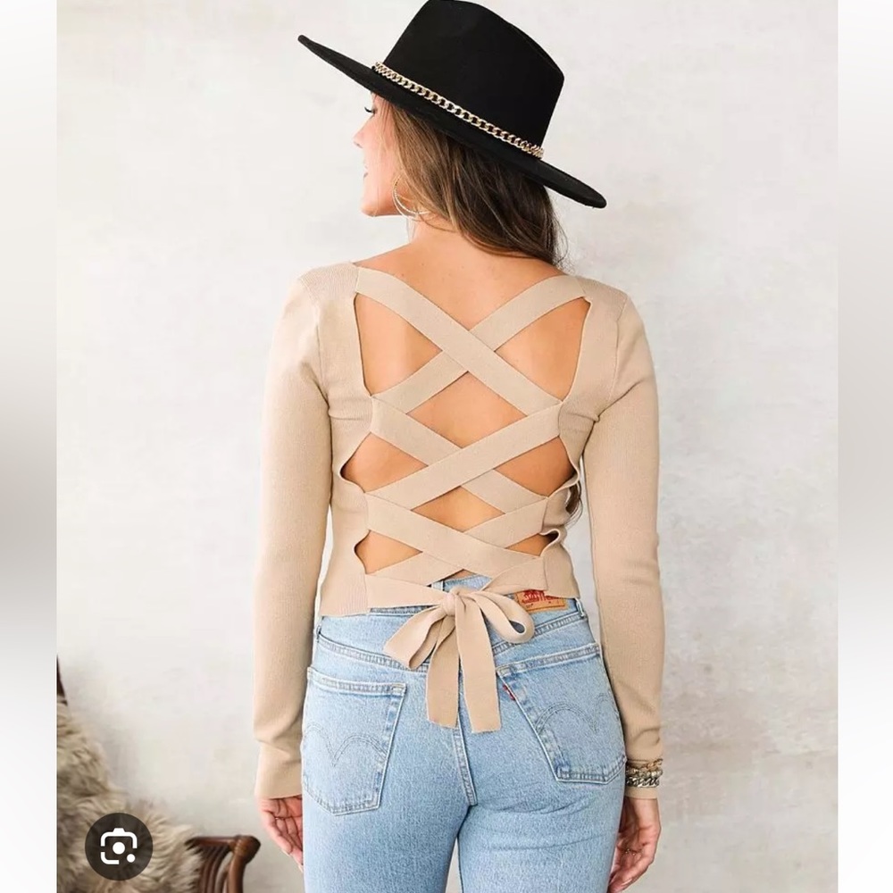 Cream lace-up back crop sweater